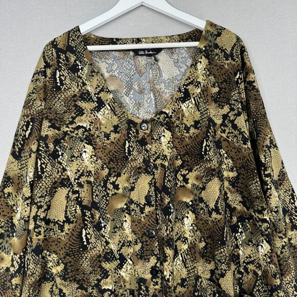 Ulla Popken Tunic Womens 32 Brown Snake Animal Print Button Front Top Travel - Picture 2 of 13